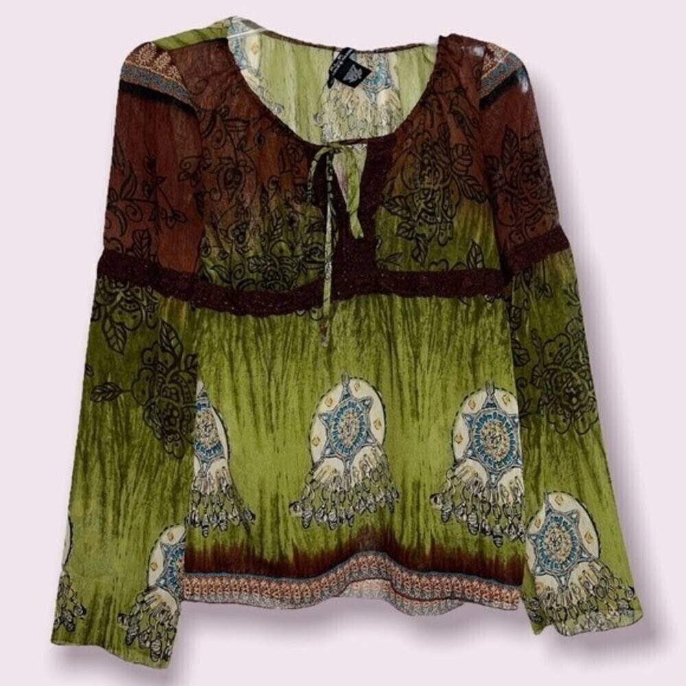 Y2K Sheer Graphic Peasant Top Green Brown Bell Sleeve Womens Size Small
